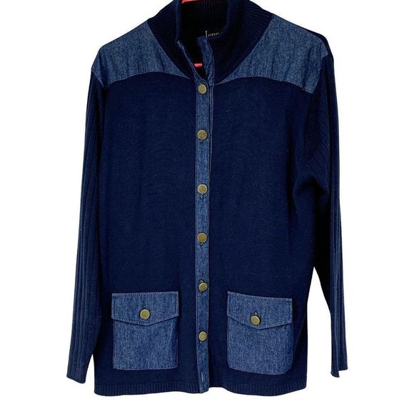 Womens Jenny Sport Navy Mixed Media Sweater Button Front Size Large 3032 - Picture 1 of 7